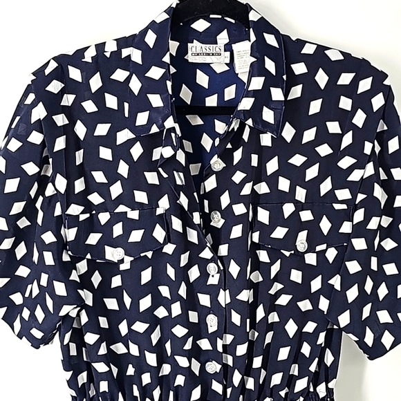 Vintage Leslie Fay Pleated Flowy Shirt Dress Diamond Fabric+Faux Pockets - Picture 4 of 17